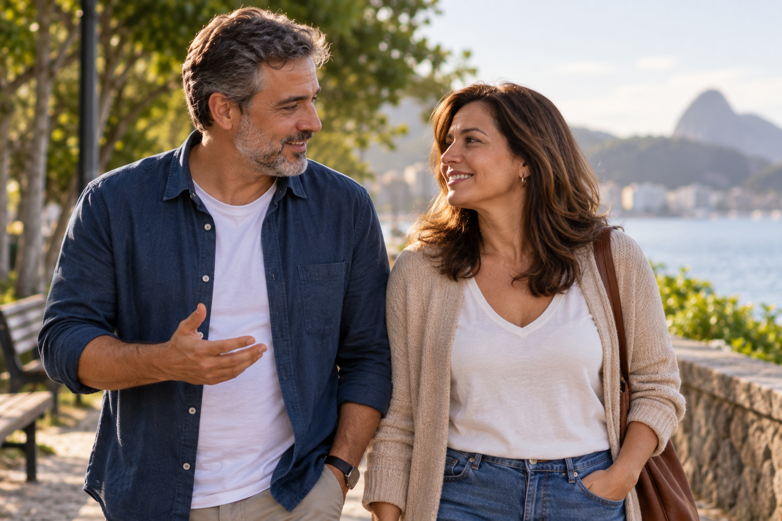 Casal de meia-idade caminhando e conversando com respeito