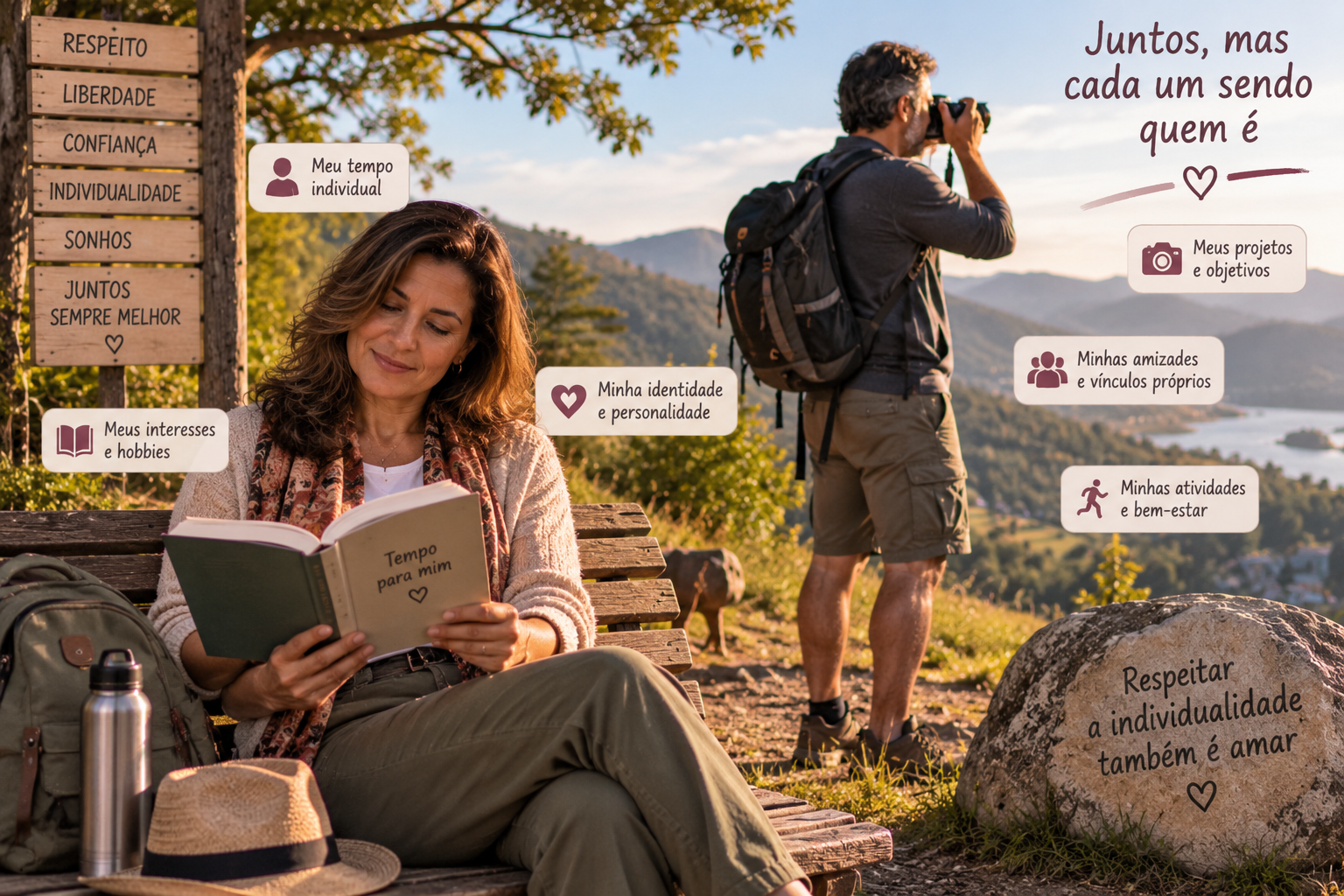 Casal de meia-idade realizando atividades individuais em um ambiente natural